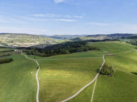 Panoramic Aerial Perspective Showcasing Winding Country Path Suitable For S.. Stock Photos
