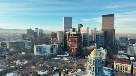 Panoramic aerial pullback over Colorado State Capitol Building and City of Stock Footage 234533744