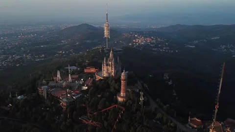 Panoramic aerial shot over mount Tibidabo in barcelona spain, Stock Footage 128706996