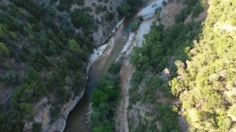 Panoramic aerial shot of a river flowing through a dense forest canyon Stock Footage 343960588