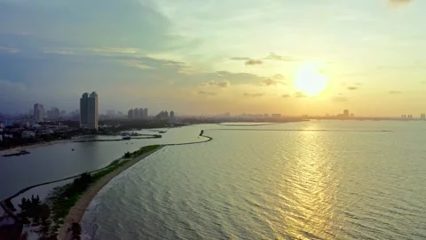 Panoramic Aerial Sunset View Ancol Coast And Jakarta City Skyline Stock Footage 340485479