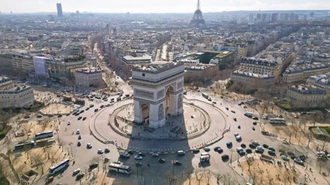 Panoramic aerial view about the famous monument of the Arc de Triomphe, Stock Footage 281216539