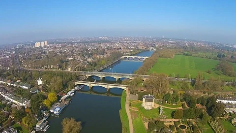 Panoramic aerial view above the river Thames, London on a sunny day Stock Footage 80287920