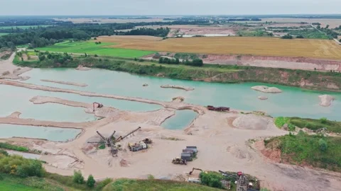 Panoramic Aerial View of Active Sand and Gravel Quarry in Slampe Parish, Latvia Video stock 345473756