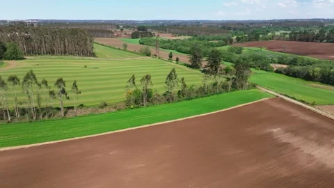 Panoramic Aerial View Of Agricultural Fields Near Rural Town. Stock Footage 276651346