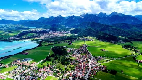Panoramic Aerial View of Alpine Valley Town and River Stock-Footage 308340550