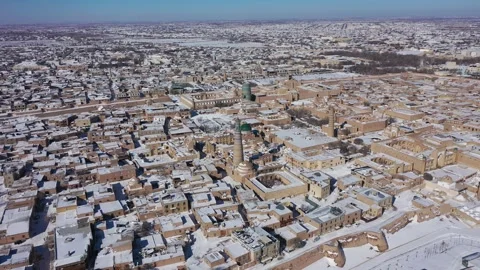 Panoramic Aerial View of Ancient Khiva City Dusted with Snow Stock Footage 345813809
