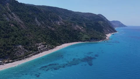 Panoramic Aerial View of Avali Beach Coastline in Lefkada Island Greece Stock Footage 343851770
