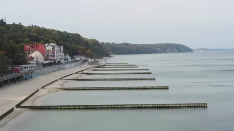 Panoramic aerial view of the Baltic Sea coast and the promenade in the resort Stock Footage 171544223