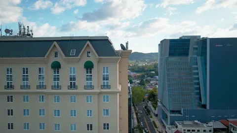 Panoramic Aerial View Of The Barcelo building And Famous San Salvador buildings Stock Footage 147163731
