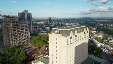 Panoramic Aerial View Of The Barcelo building And Famous San Salvador buildings Stock Footage 147164411