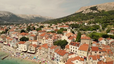 Panoramic aerial view of Baska town, popular touristic destination on island Krk Stock Footage 93286378