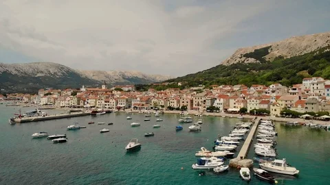 Panoramic aerial view of Baska town, popular touristic destination on island Krk Stock-Footage 93387612