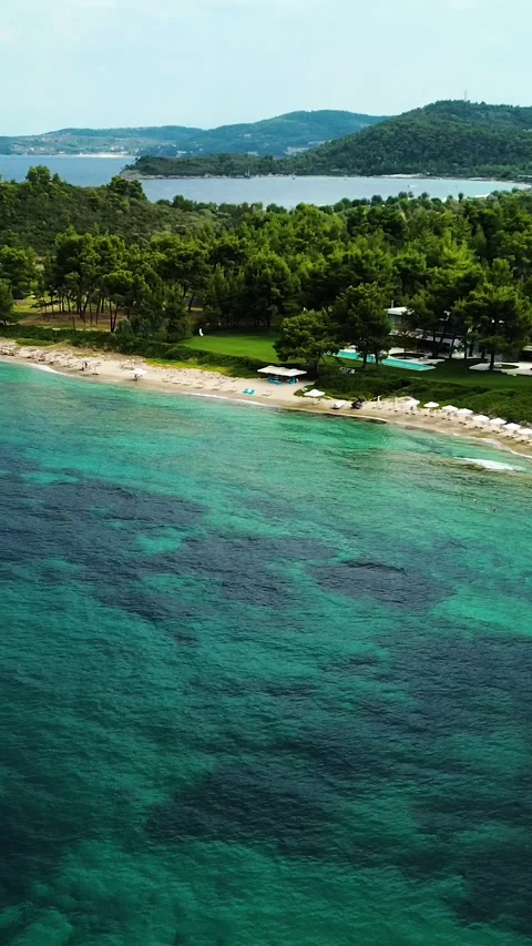 Panoramic aerial view of beaches and coastline in Kassandra, Halkidiki, Greece Stock Footage 342238323