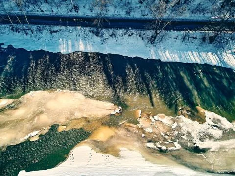 Panoramic aerial view: beautiful spring landscape: the Ulba river in Kazakhst Stock Photos