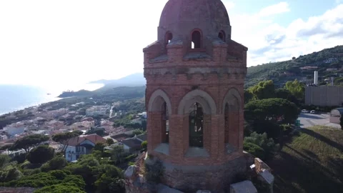 Panoramic aerial view of the bell tower of Castiglione della Pescaia Stock Footage 253127718
