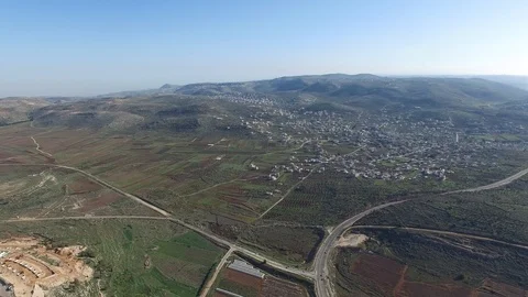 Panoramic aerial view of Benjamin Plateau, near Shiloh Settlement. DJI-0091-07 Stock Footage 124391720