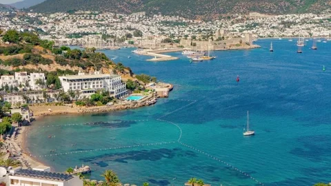 Panoramic aerial view of Bodrum, Turkey, ancient Castle of St. Peter, blue Stock Footage 245640450