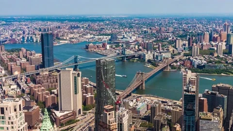 Panoramic aerial view of Brooklyn Bridge and Manhattan Stock Footage 168586816