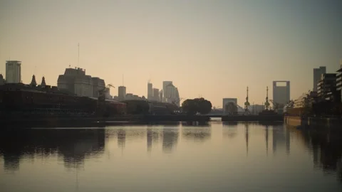Panoramic Aerial View of Buenos Aires Puerto Madero at Winter Sunset Stock Footage 314680732