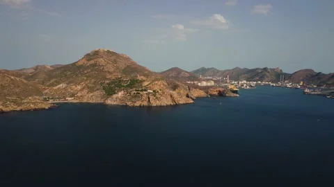 Panoramic aerial view of Cala Cortina and the port of Escombreras, Cartagena, Stock Footage 219948626