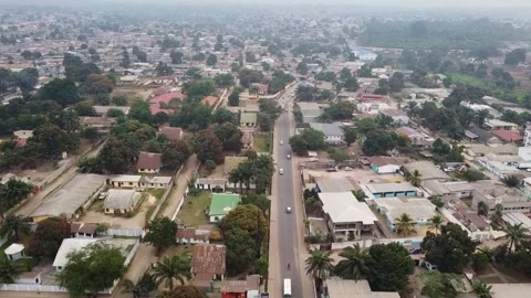 Panoramic aerial view capturing urban sprawl and lush trees amidst an overcast Stock Footage 316593164