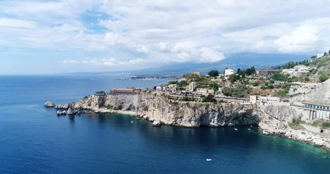 Panoramic aerial view of Cefalu sea port and Tyrrhenian Sea coast, Sicily, Italy Stock Footage