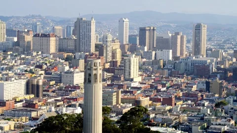 Panoramic Aerial View of Coit Tower and Dense San Francisco Cityscape Stock Footage 346905172