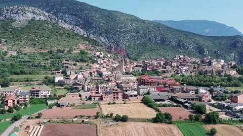 Panoramic aerial view of Coll de Nargo, a Spanish municipality in the Alto Ur Stock Footage 156580383