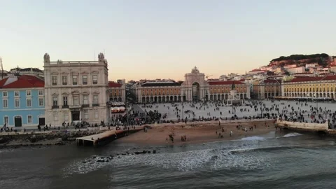 Panoramic aerial view of Commercial square in Lisbon, Portugal Stock Footage