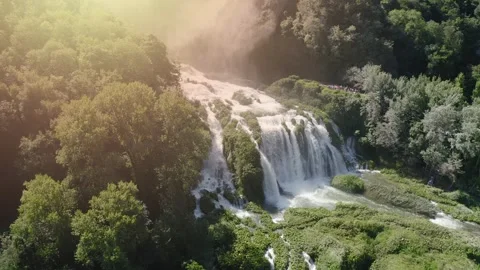 Panoramic aerial view at dawn of the Marmore waterfalls in Umbria Video stock 253222710