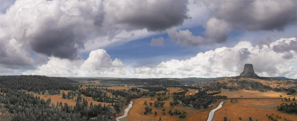 Panoramic aerial view of Devils Tower National Monument at sunset, Wyoming from Stock Photos