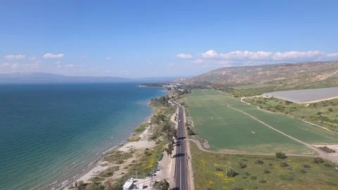 Panoramic aerial view of the east side of Sea of Galilee. Israel. DJI-0005-04 스톡 동영상 124397189