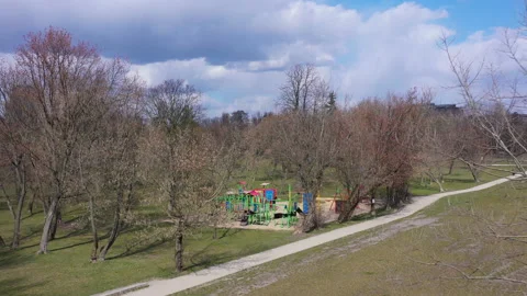 Panoramic aerial view of empty playground during Covid-19 pandemic in Warsaw Stock Footage 136477981