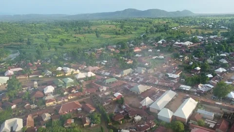 Panoramic aerial view featuring small African village nestled amidst lush green Stock Footage 314404534