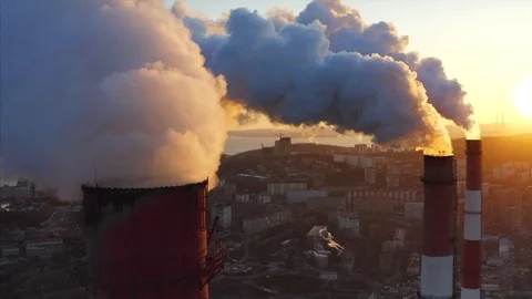 Panoramic aerial view of high chimneys of Central Heating and Power Plant. Smoke Stock Footage 102237519