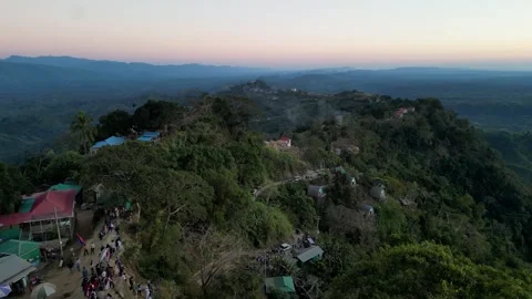 Panoramic aerial view of hill station village with resort cottages, tourist.. Video stock 345651400