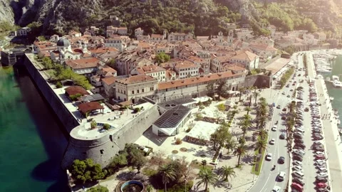 Panoramic Aerial View of Historic Part of the City of Kotor, Montenegro Stock Footage 131436971