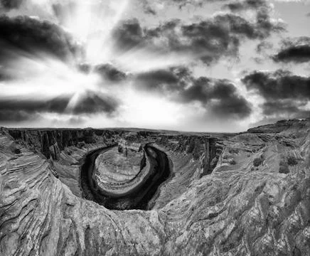 Panoramic aerial view of Horseshoe Bend and Colorado River at summer sunset,  Stock Photos