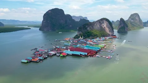 Panoramic aerial view of the impressive Panyee Island, Thailand Video stock 264158736