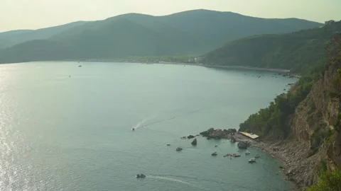 Panoramic aerial view of Jaz Beach and Adriatic coastline near Budva Monten.. Stock Footage 341868402