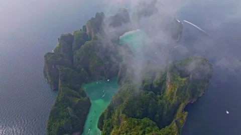 Panoramic aerial view of Koh Phi Phi Lee island and famous bays Stock Footage 303358204