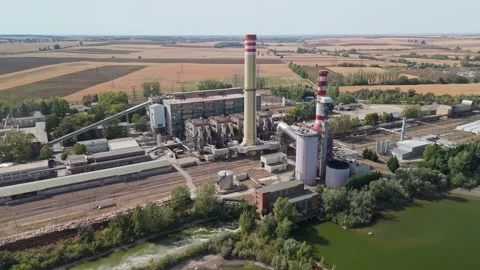 Panoramic aerial view of Lake Bokod and power plant landscape in Hungary Stock Footage 345610641