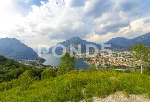 Panoramic aerial view of Lake Como and Lecco city, Italy Stock Photos