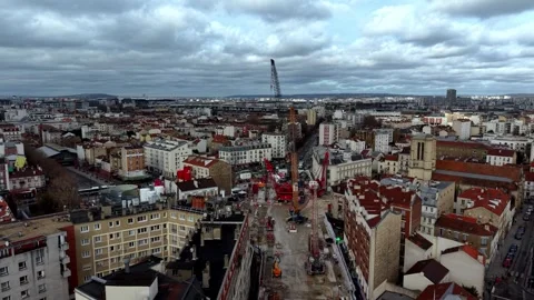 Panoramic aerial view of large construction site in Paris, France Stock Footage 334528995