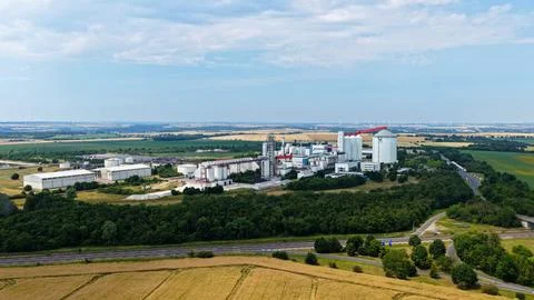 Panoramic Aerial View of Large Sugar Factory in Agricultural Fields Stock Photos