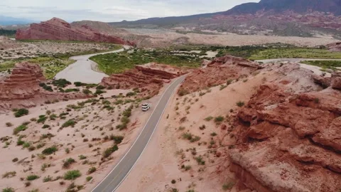 Panoramic Aerial View Of The Las Conchas River Valley In Argentina With The Road Stock Footage 191751006