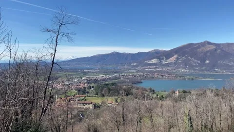 Panoramic aerial view of the Lecco mountains Stock Footage 235987092