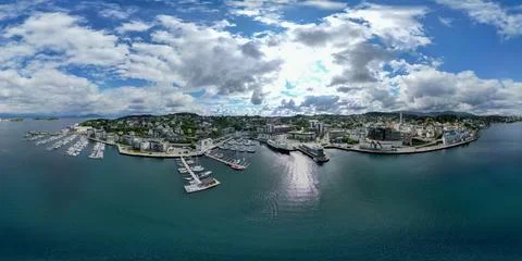 Panoramic Aerial View of Leirvik Harbor and Coastal Town, Stord, Norway Stock Photos