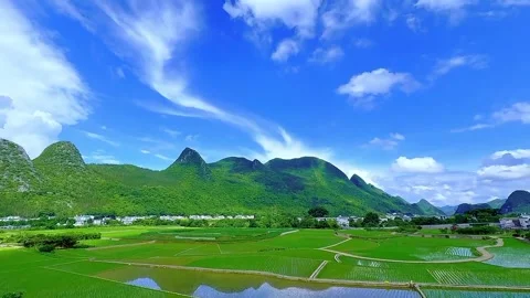 Panoramic Aerial View of Lush Rice Terraces and Limestone Karst Mountains Stock-Footage 337111116